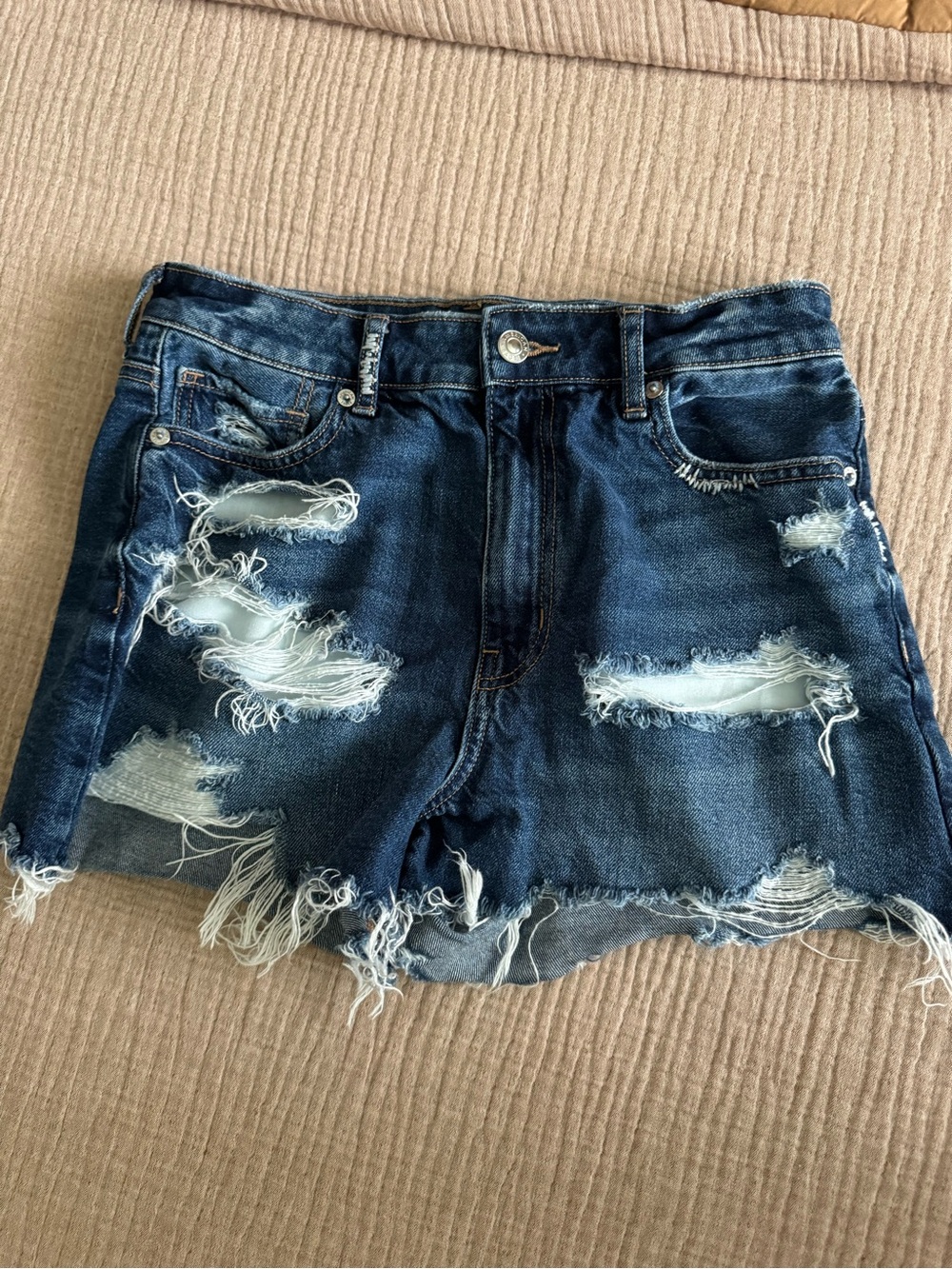 Distressed Dark Blue Denim Mom Shorts